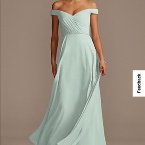 Beautiful off the shoulder event dress in Dusty Sage color